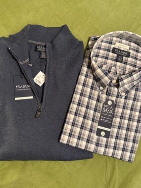 Jos. A. Bank Navy Half-Zip Sweater with Blue and White Plaid Button-Down Shirt